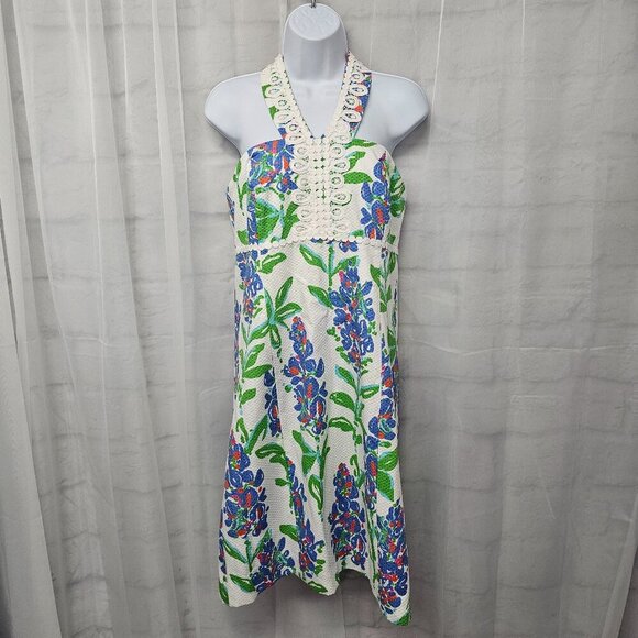 Lilly Pulitzer White Blue Floral Tie Halter Dress Backless Coquette Party 12 - Picture 15 of 15